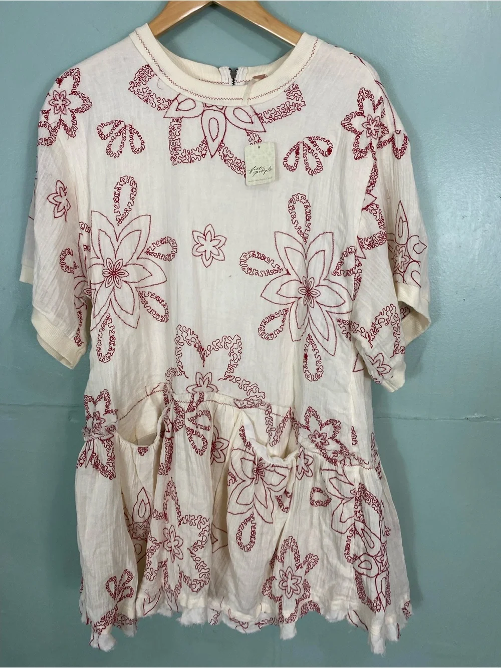 Free People Picking Petals Mini Dress Ivory Red Embroidered Floral Gauze Medium